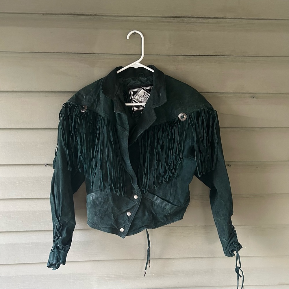 Vintage Army Green Leather Fringe Jacket Body Exteriors Philippines Western - Picture 3 of 16